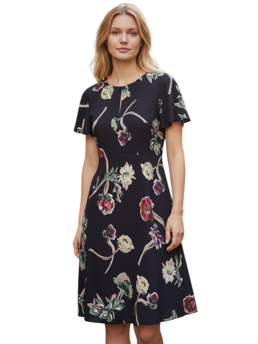 Maeve Anthropologie Geoplanes Navy Floral Flutter Sleeve Sheath Dress Size 4